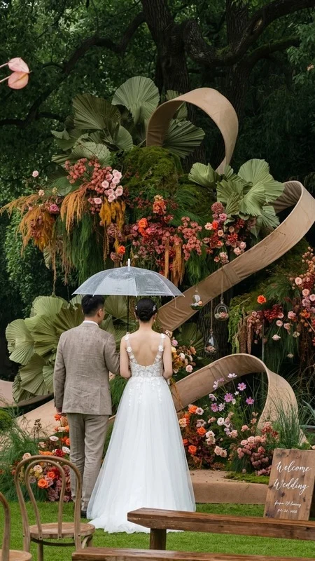 Gli sposi sotto l'ombrello fra i fiori