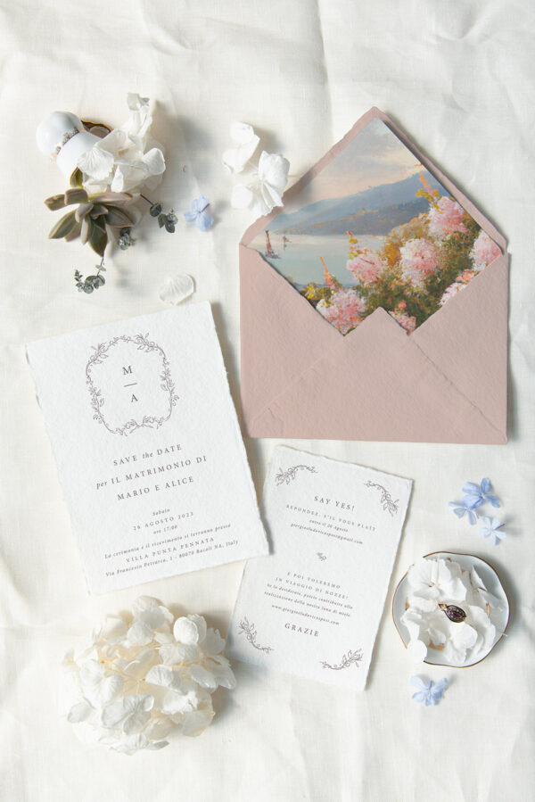 PARTECIPAZIONE EPOQUE Busta Cotone Biglietti Cotone Fiori Mare