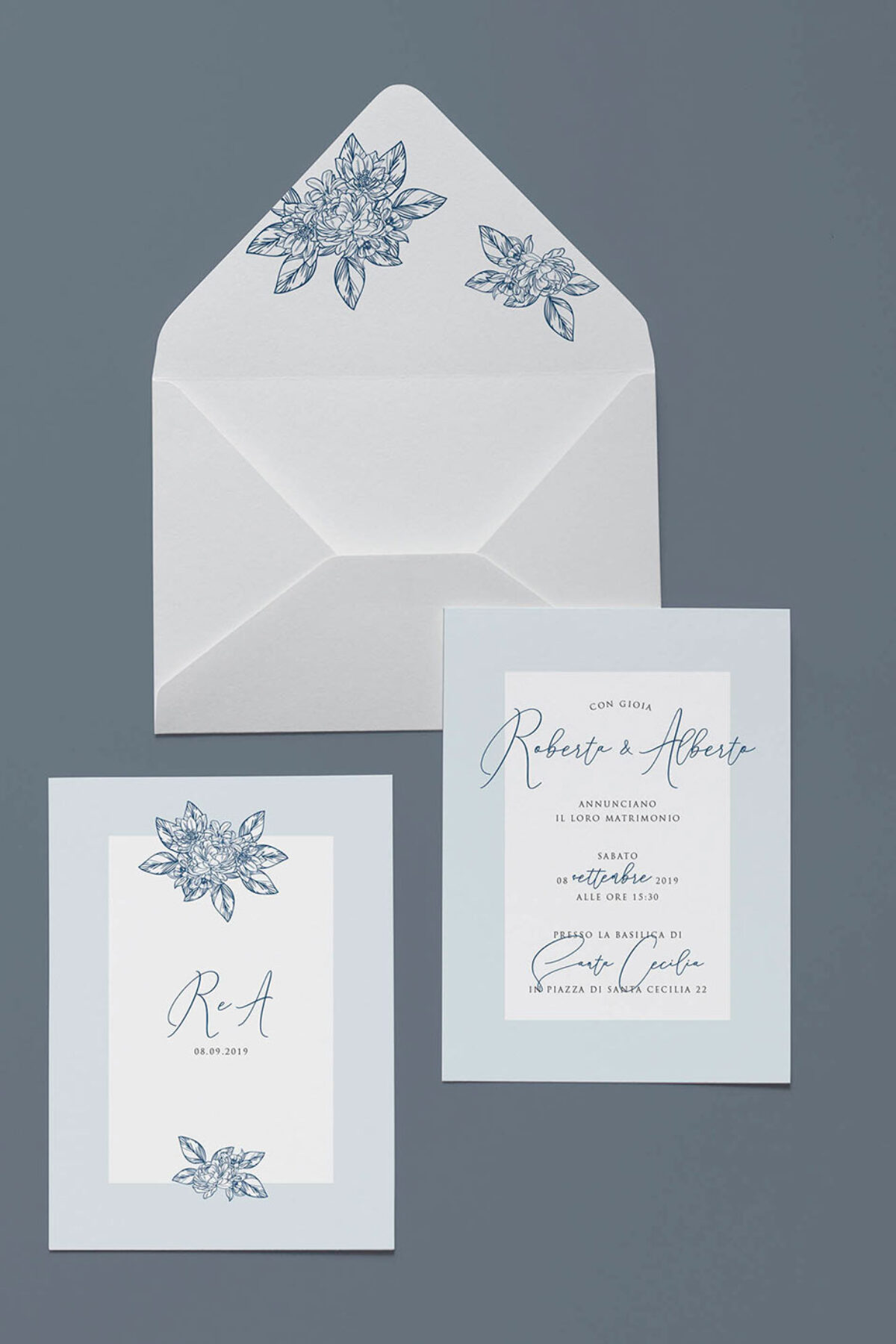 Partecipazione Busta Stampata Blu Vintage