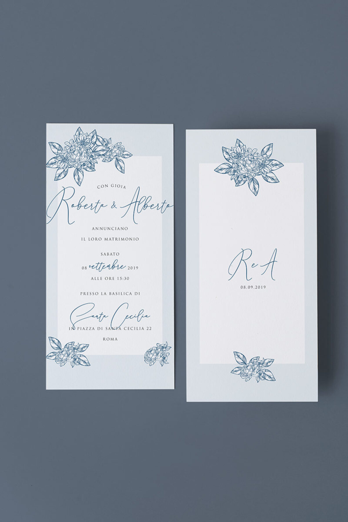 Partecipazione di Matrimonio Blu Vintage Essential Verticale